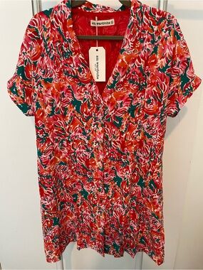 Red Floral Button-Front Tunic Dress
